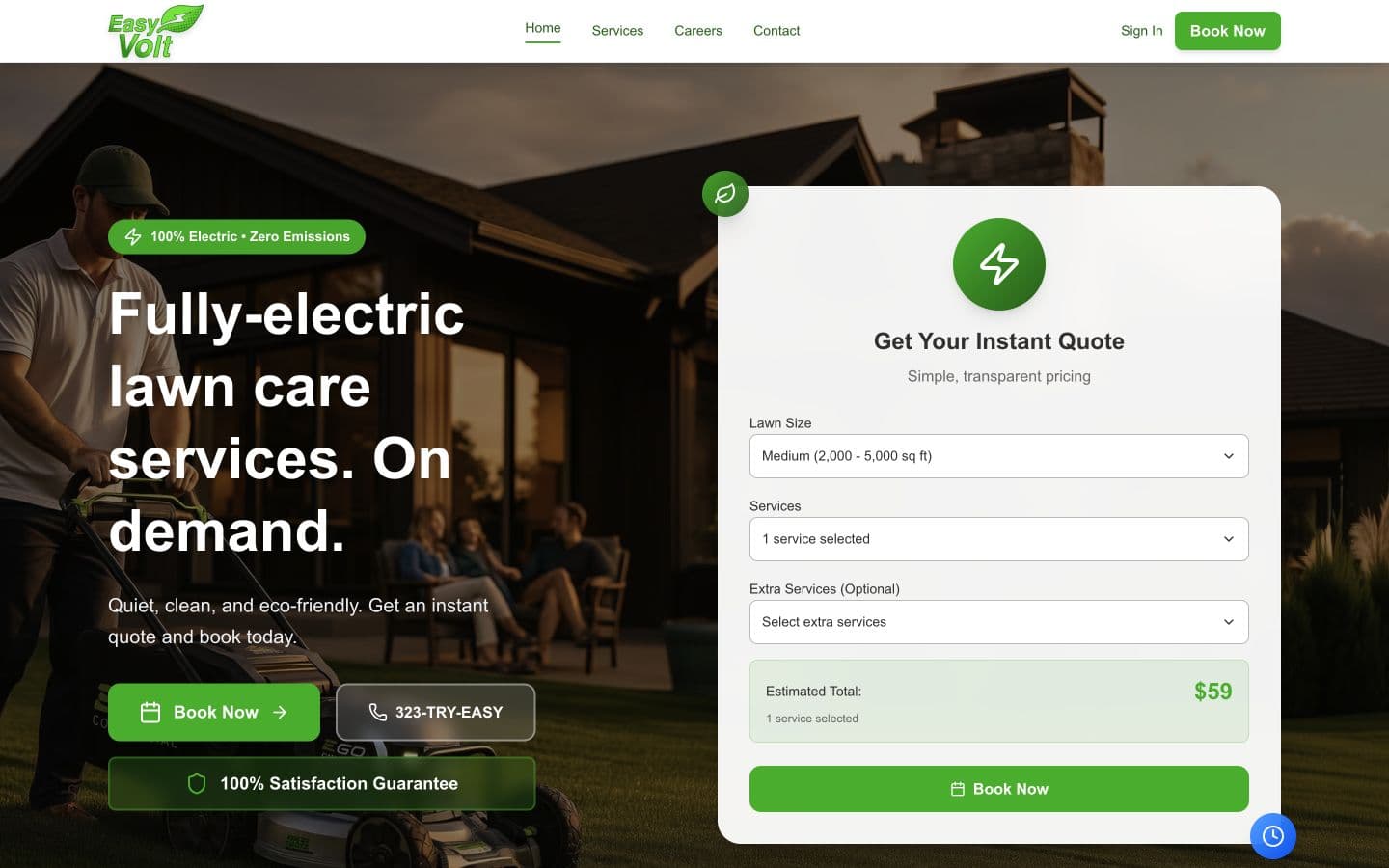 Easy Volt homepage showing its electric lawn care service and instant quote experience