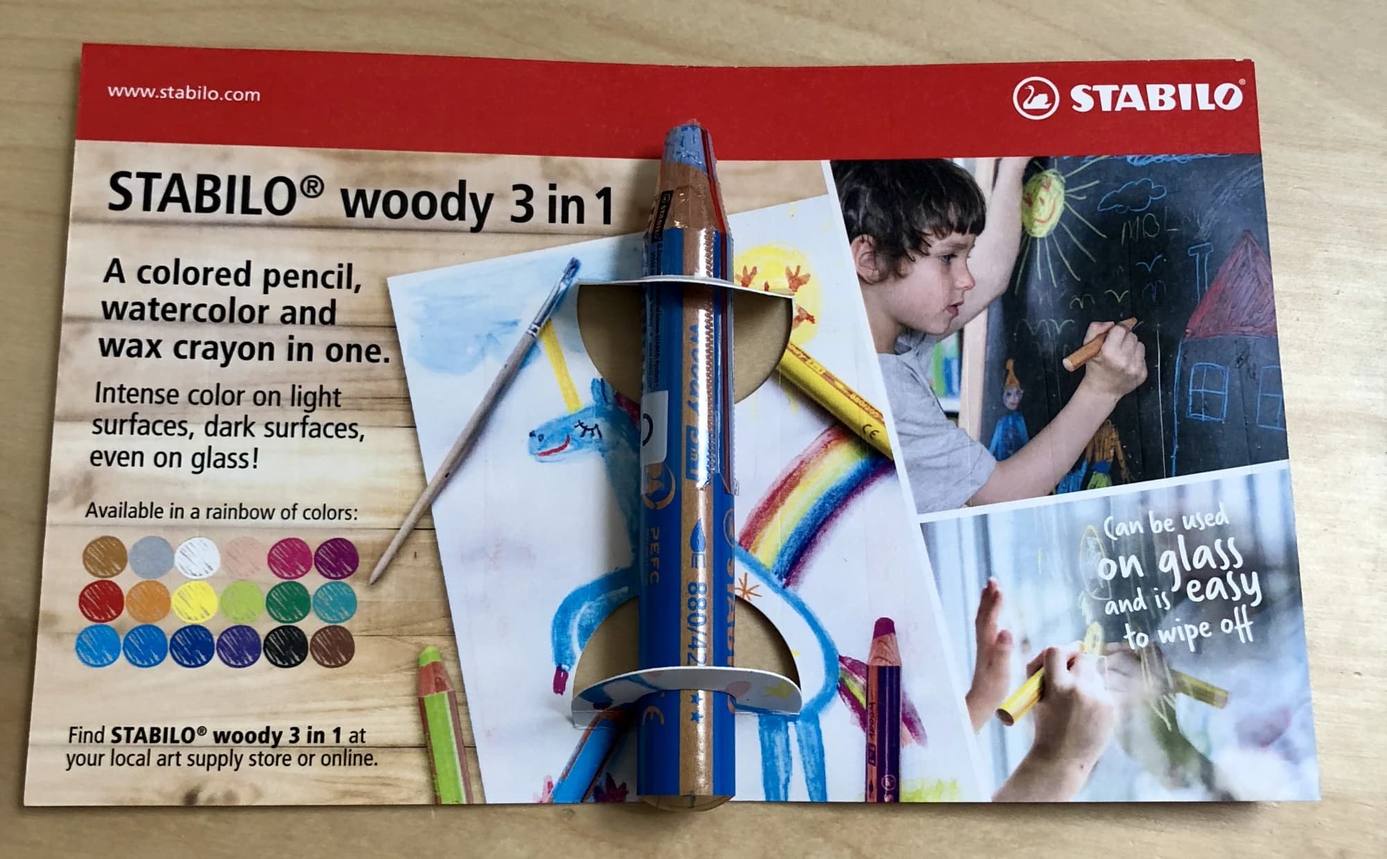 Prototype STABILO woody 3 in 1 sample card with a real pencil held in a die-cut sleeve