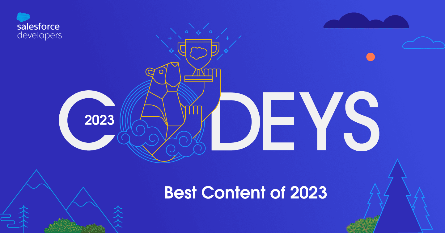 The Codeys 2023 cover art: a trophy-holding bear illustration over a mountain landscape, reading "Best Content of 2023"