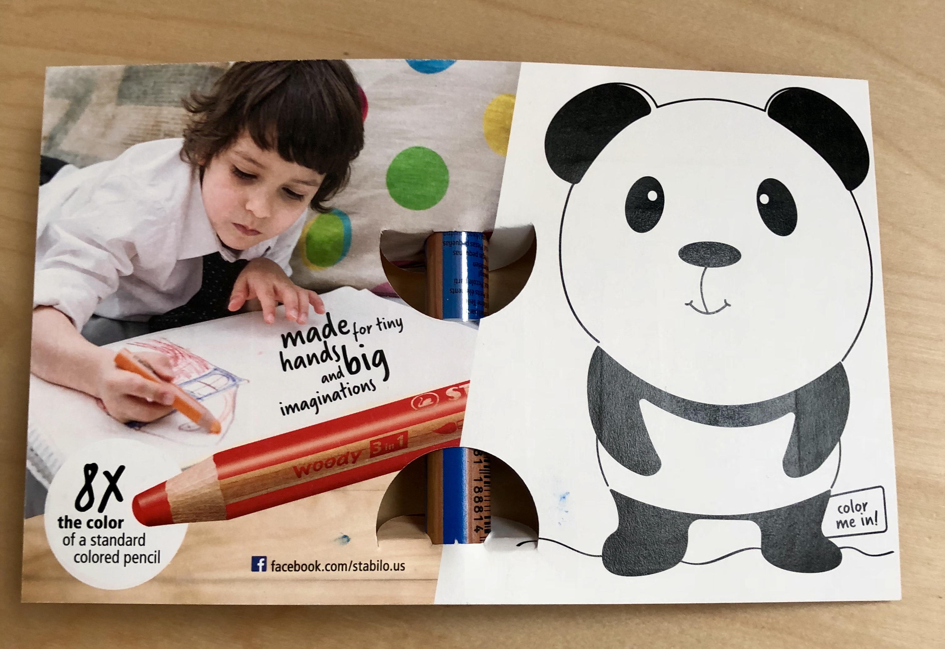 Back of the sample card with a color-in panda illustration and a real pencil in a second die-cut sleeve